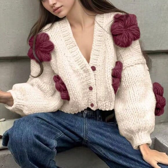 White And Red Boho Women's Jacquard Floral Patchwork Knit Cardigan - Picture 6 of 6